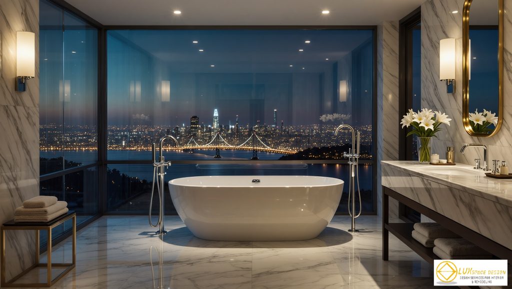 Luxury staged bathroom in the Bay Area with modern design and city skyline view