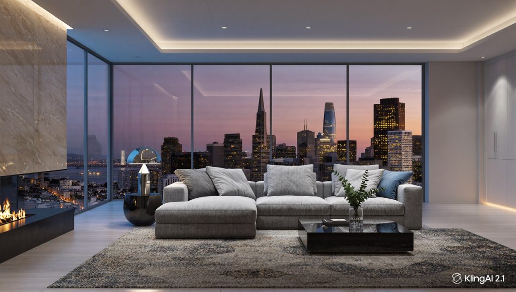 Luxury staged living room with panoramic San Francisco skyline view