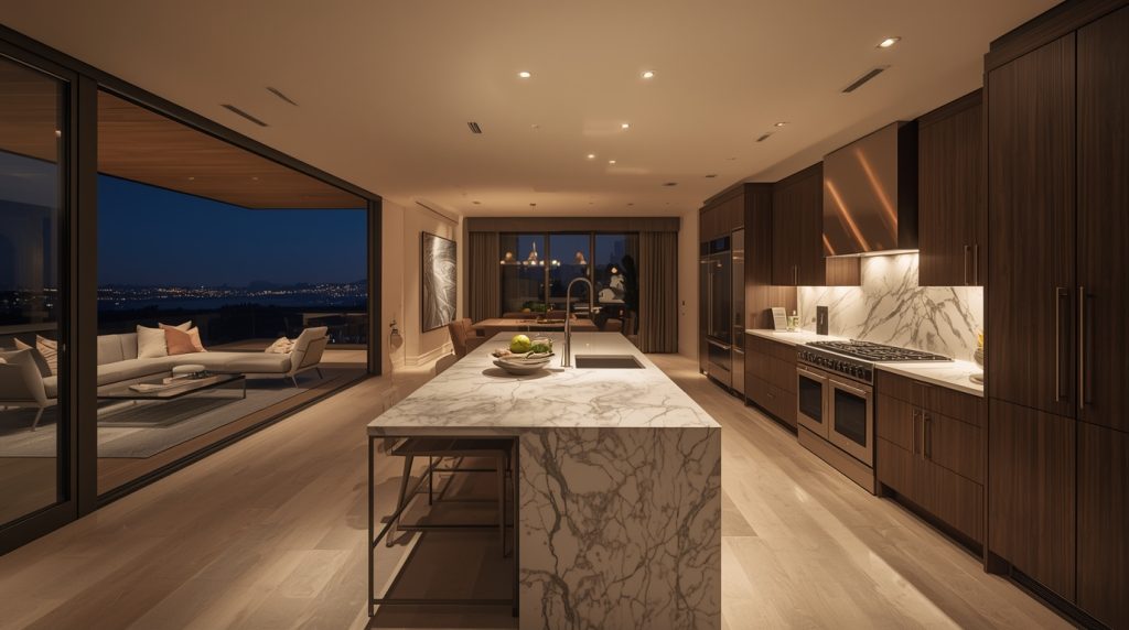 Wide view of a modern kitchen showcasing the result of a luxury home remodeling Bay Area project.