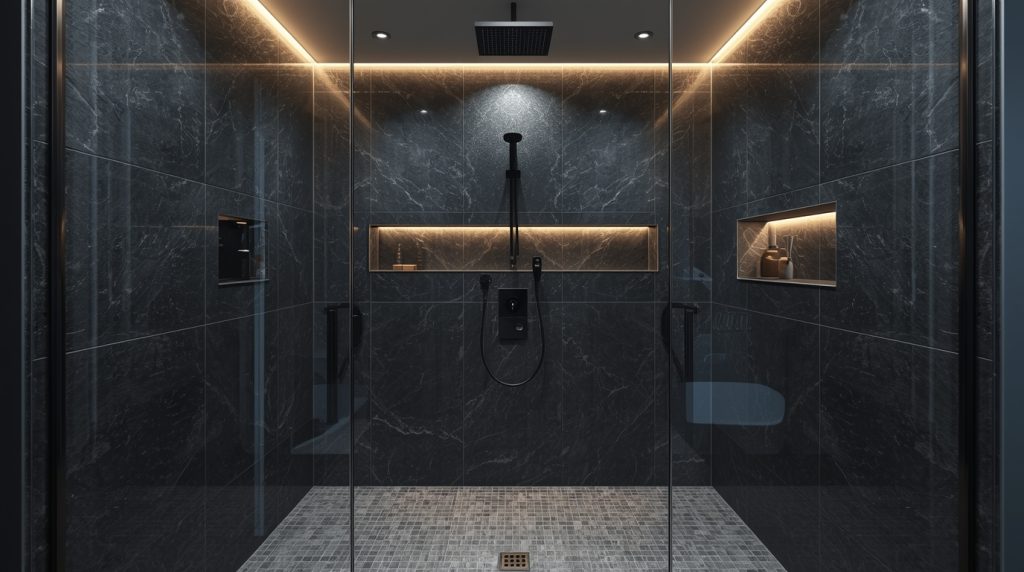 Hyper-realistic master bathroom with ambient lighting after a luxury home remodeling Bay Area project.