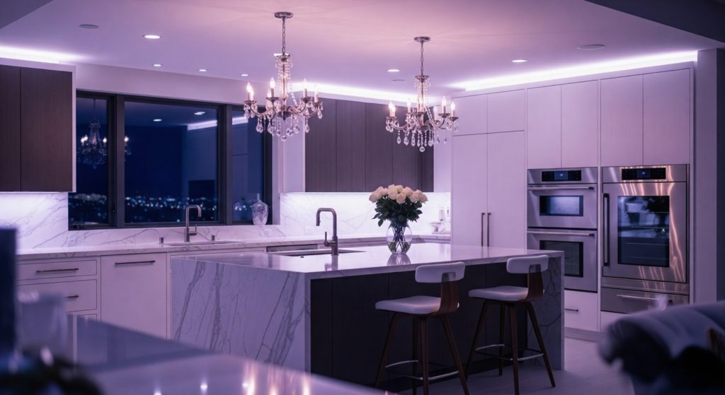 A luxurious kitchen remodeling in San Jose at night, showcasing modern design, elegant lighting, and high-end finishes.