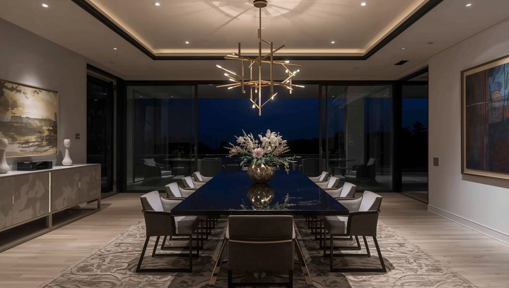 Elegant dining room staging in a Burlingame luxury home at night