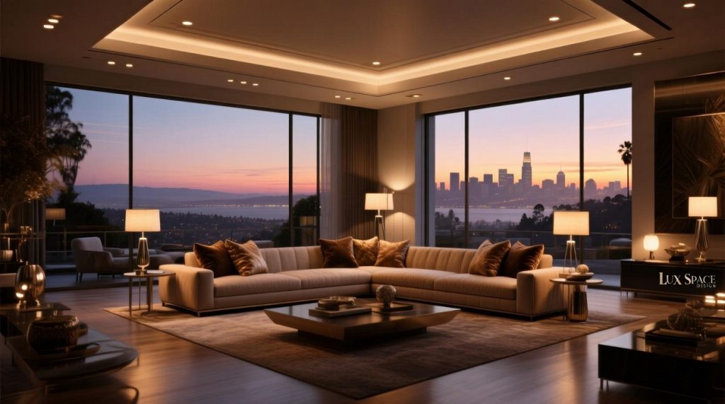 High-end staged home interior at dusk by Lux Space Design