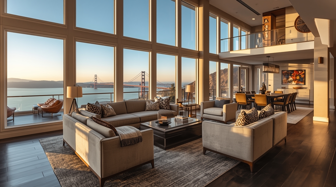 Luxurious living room after a luxury home remodeling Bay Area project, featuring floor-to-ceiling windows with a view of the San Francisco skyline.
