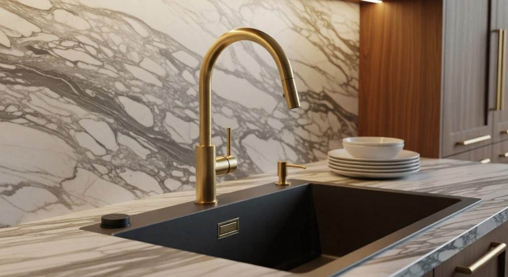High-end kitchen remodeling in San Jose featuring a luxurious marble countertop, sleek sink, and designer brass faucet.