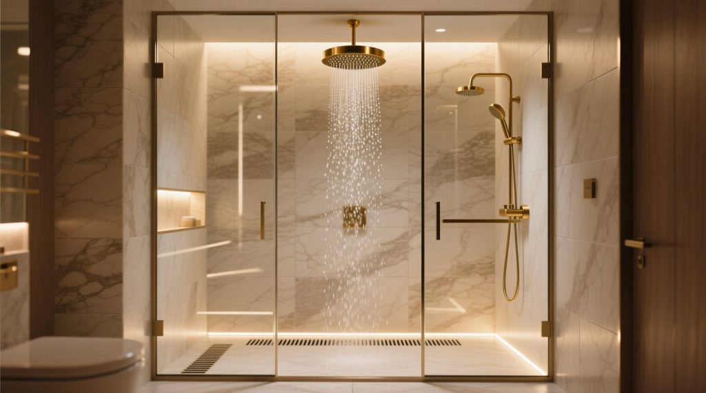 Custom shower installation with high-end marble tiles