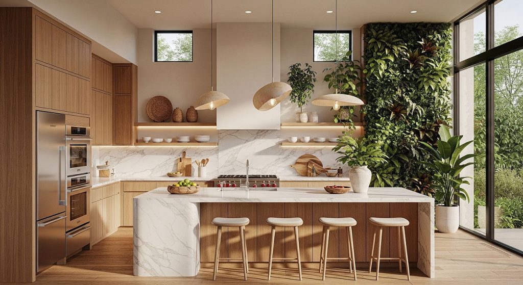 A luxury kitchen design in San Jose featuring Organic Modernism and Biophilic elements, with natural wood, stone, and indoor plants.