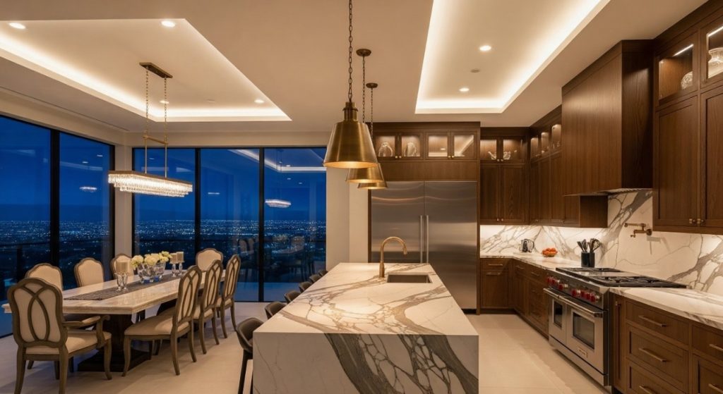 A stunning, luxurious kitchen remodeling in San Jose at night with floor-to-ceiling windows and high-end lighting, showcasing city views.